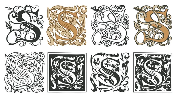 Ilustraciones Vectoriales Letra Mayúscula Con Decoraciones Letra Inicial Con Ornamentación — Vector de stock