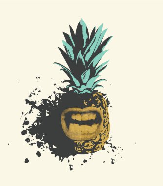 Ağzı sırıtan neşeli bir ananas karakterinin vektör çizimi. Duygusal bir karakter. Hafif arka planda tropikal meyveli, soyut lekeli ve lekeli bir yaz afişi.