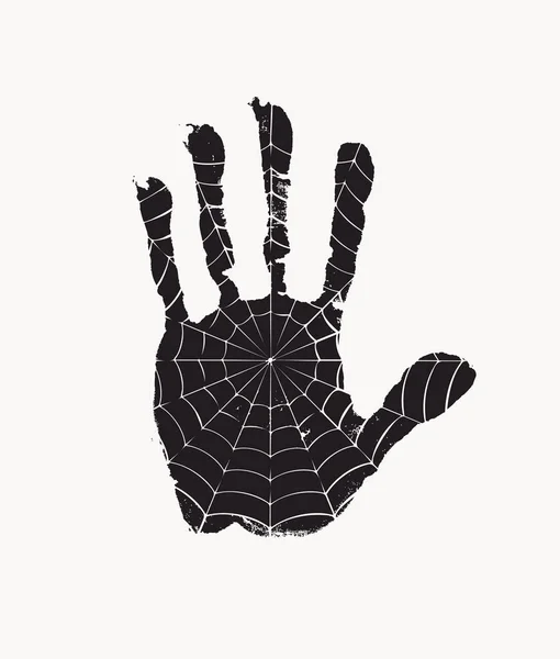 Black Print Human Palm Spider Web Isolated White Background Vector — Stock Vector