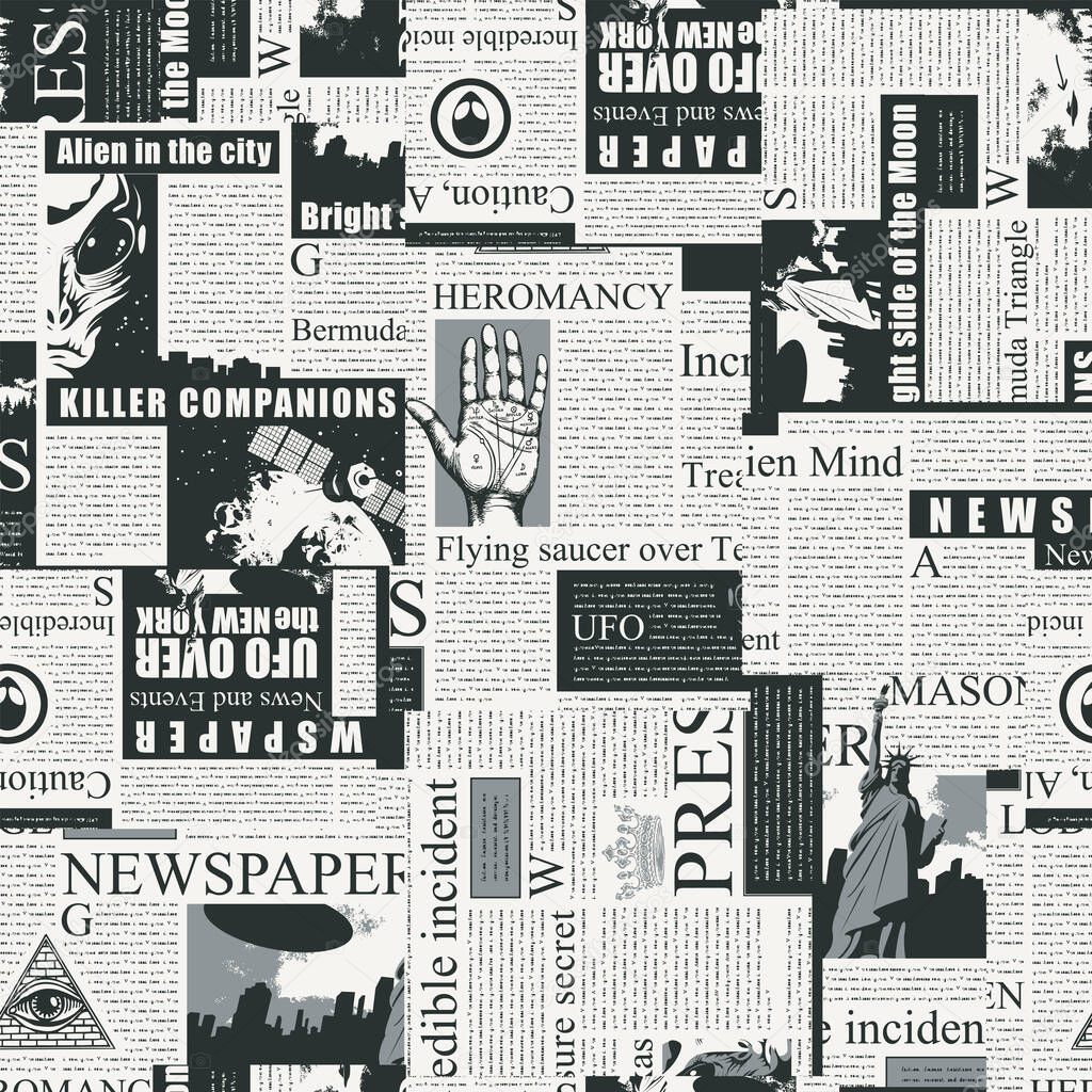 Black and white seamless pattern with a collage of newspaper clippings. Abstract background with unreadable text, titles and illustrations. Wallpaper, wrapping paper or fabric design in retro style