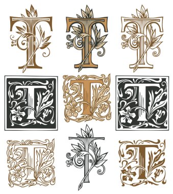 Ornate initial letter T with a vintage Baroque ornament. Vector illustration of capital letters T with decorations. Beautiful filigree uppercase letters for monogram, logo, emblem, card, invitation