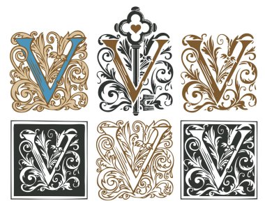 Ornate initial letter V with a vintage Baroque ornament. Vector illustration of capital letters V with decorations. Beautiful filigree uppercase letters for monogram, logo, emblem, card, invitation
