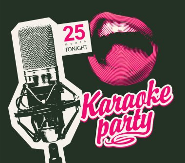 Vector music poster for karaoke party with a studio microphone, a singing mouth and a pink calligraphic inscription on a black background. Suitable for advertising poster, banner, flyer, invitation