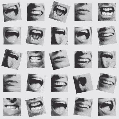 Seamless pattern with a collage of black and white square fragments that depict human mouths expressing various emotions. Monochrome vector background in retro style. Wallpaper, wrapping paper, fabric