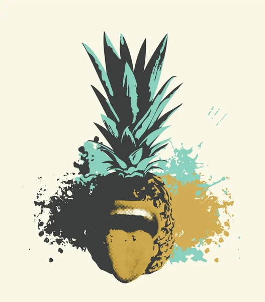一个菠萝果实的例子 它的嘴张开 舌头伸出来 一个情绪化的角色带着抽象斑点和斑点的夏季甜热带水果的矢量图像 — 图库矢量图片