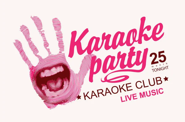 Vector Muziekposter Banner Voor Karaoke Party Met Gestileerde Rode Handafdruk — Stockvector