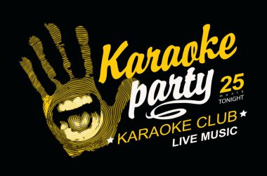 Karaoke partisi için bir vektör müzik posteri stilize edilmiş sarı el izi, palmiye üzerinde şarkı söyleyen bir ağız ve siyah bir arka planda kaligrafik yazı. Poster, afiş, broşür, davetiye için uygun