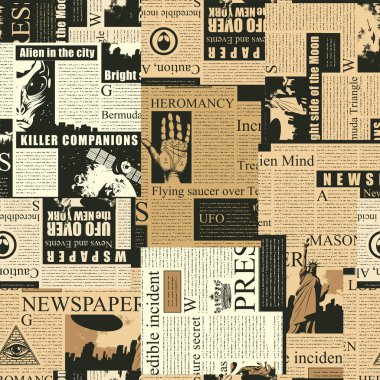 Abstract seamless pattern with a collage of old newspaper clippings. Vector background with unreadable text, headlines and illustrations in retro style. Wallpaper design, wrapping paper or fabric clipart