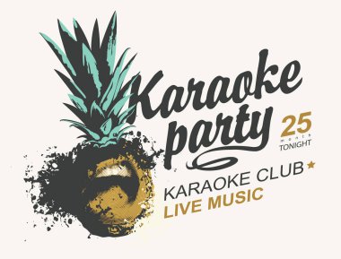 Karaoke partisi için açık arkaplanda ananas ve kaligrafik yazı olan bir poster. Yaratıcı vektör çizimi. Poster, el ilanı, davetiye, etiket, pankart için uygun