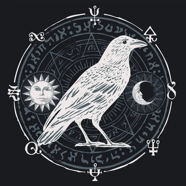 儀式サークル 魔法のルーン オカルトシンボル 月と黒の背景に魔法の白いレイヴンと手描きのイラスト 珍しい白いカラスと魔女のテーマのベクトルバナー — ストックベクタ