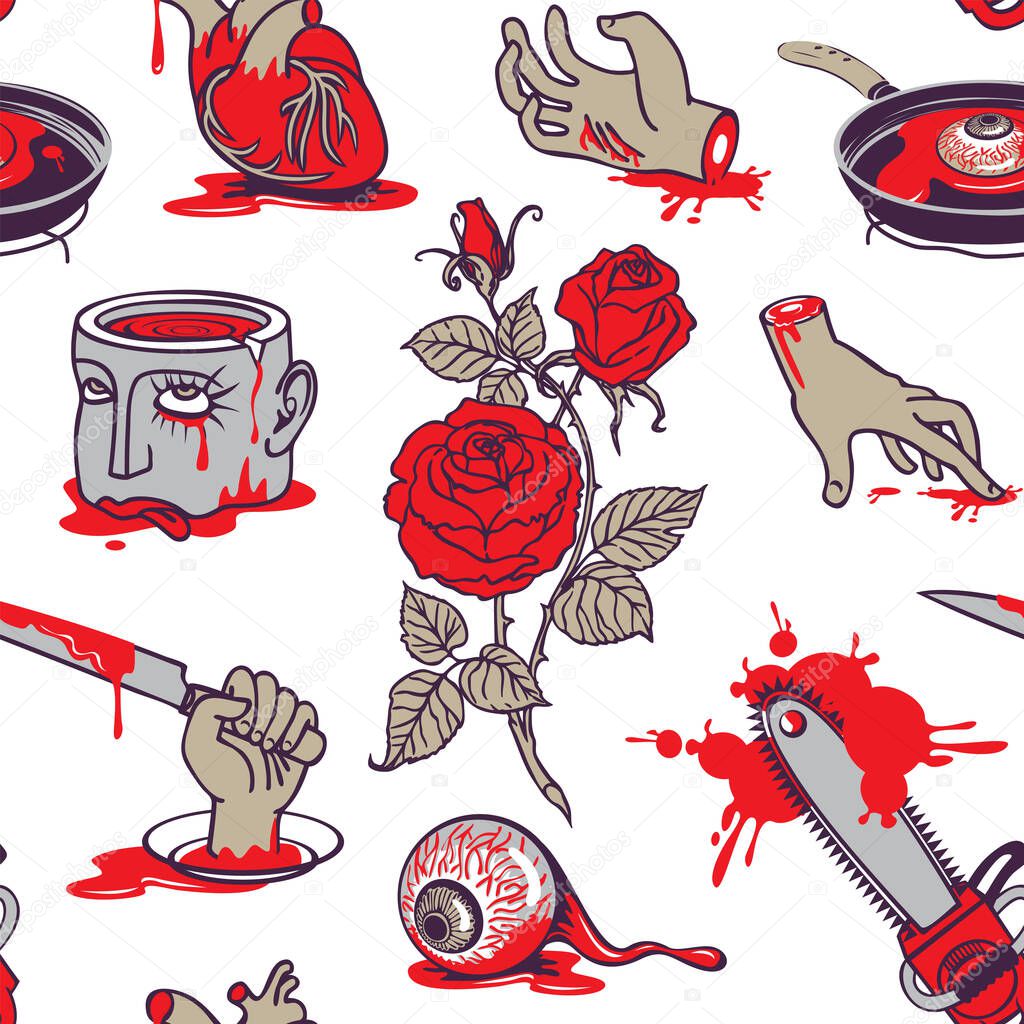 Seamless pattern with severed head and hands, torn out human heart and eyes in a bloody puddles. Repeating vector background with terrible pictures for Halloween party design in cartoon style