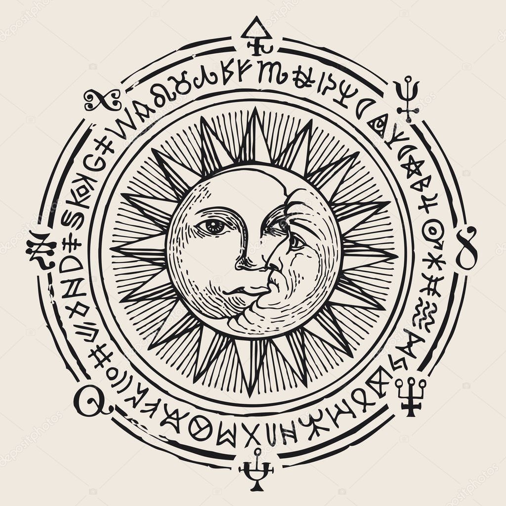 Vector banner with hand-drawn Sun, crescent Moon and esoteric symbols on an old beige background. Retro style illustration in the form of a circle with black drawings, magic signs and runes