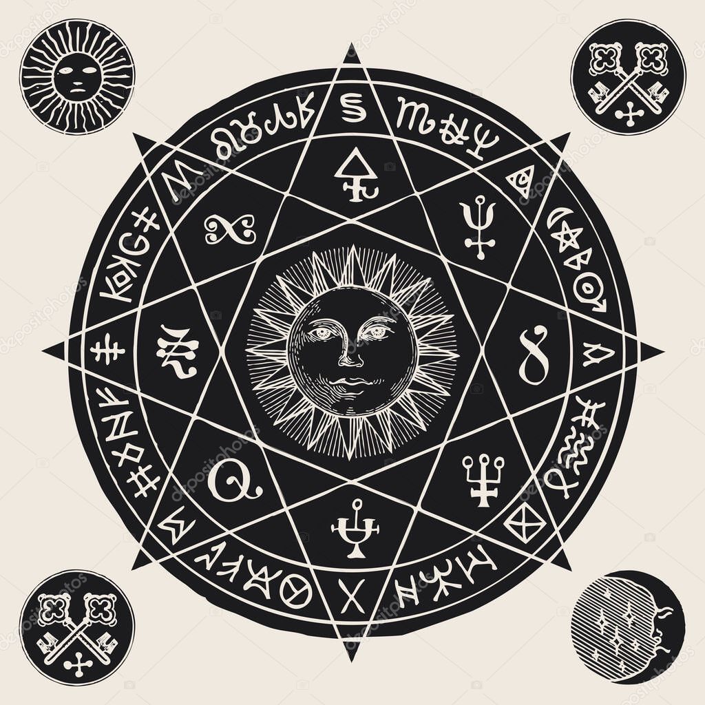 Hand-drawn banner, mascot or amulet with the Sun inside octagonal star and esoteric symbols. Monochrome vector illustration in the form of a circle with magic signs and runes in beige and black colors
