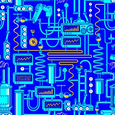Şifreli para madenciliğinin sanal fabrika taşıyıcısı ile kusursuz desen. Bitcoin üretim konsepti. Mavi renklerde endüstriyel ekipmanlarla donatılmış vektör arkaplan. Engelleme teknolojisi