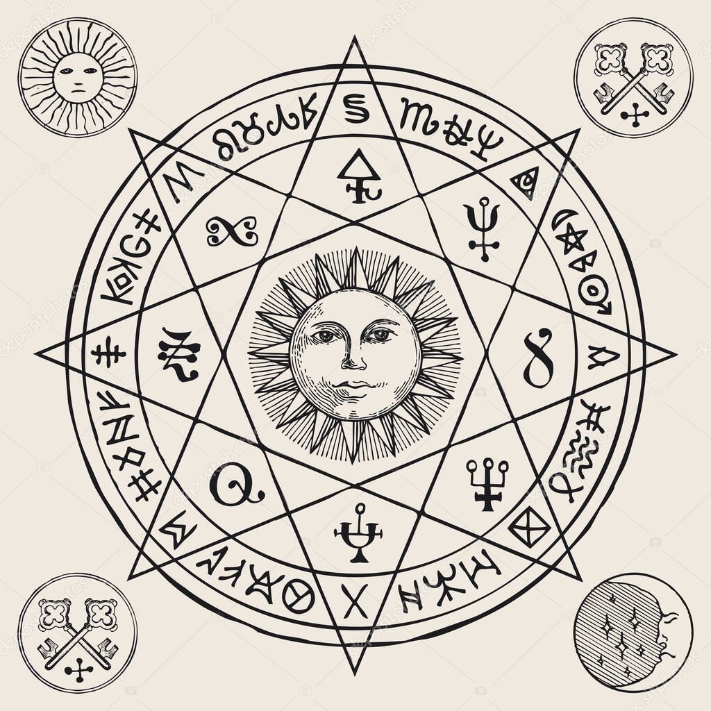 Hand-drawn illustration with the Sun inside an octagonal star and esoteric symbols on an old paper background. Vector banner or amulet in retro style in the form of a circle with magic runes and signs