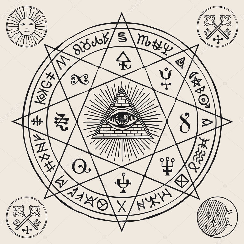Vector illustration with an all-seeing eye inside octagonal star, Masonic, alchemical and esoteric symbols. Hand-drawn banner or mascot in the form of a circle with a third eye, magic runes and signs