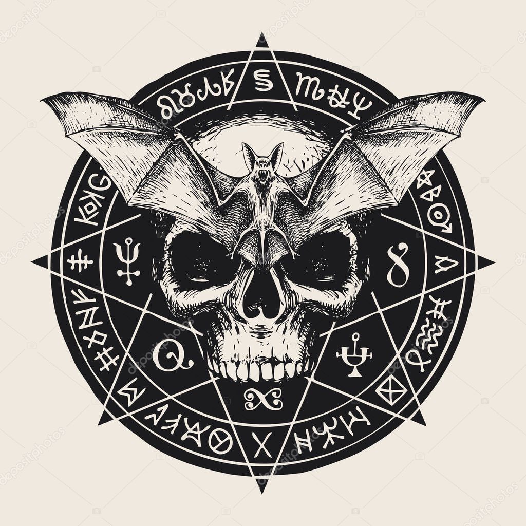 Hand-drawn sinister human skull, bat with open wings and magic symbols written in a circle. Witchcraft, occult attributes, esoteric signs. Monochrome vector banner or amulet with a flying vampire
