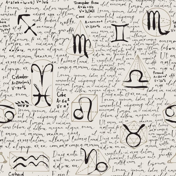Patrón Sin Costura Abstracto Con Signos Del Zodiaco Texto Manuscrito — Vector de stock