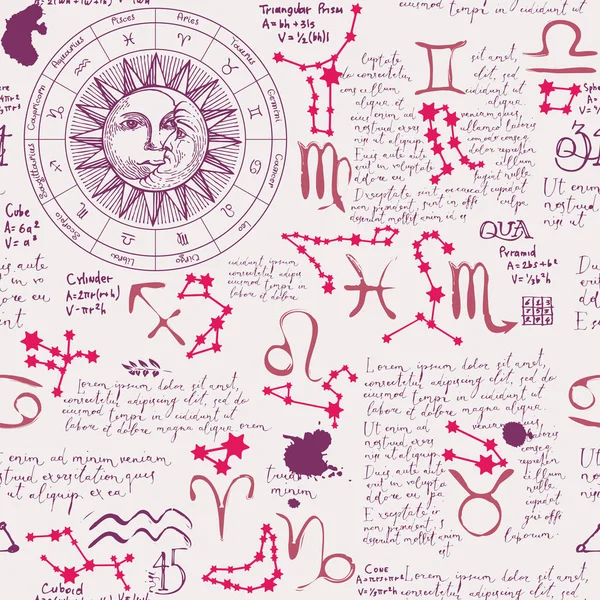 Modèle Sans Couture Dessiné Main Sur Thème Zodiaque Des Horoscopes — Image vectorielle