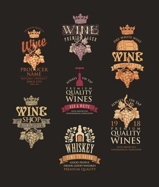 Set Logos Labels Emblems Badges Stickers Wine Whiskey Vector Tags — Stock Vector