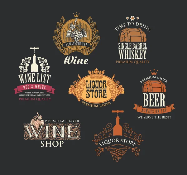 Conjunto Logotipos Emblemas Etiquetas Insignias Pegatinas Etiquetas Para Bebidas Alcohólicas — Archivo Imágenes Vectoriales