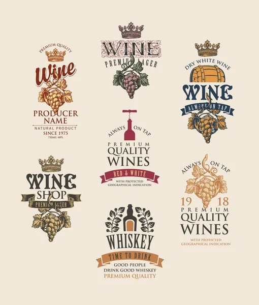 Conjunto Logotipos Emblemas Etiquetas Insignias Pegatinas Para Vino Whisky Etiquetas — Archivo Imágenes Vectoriales