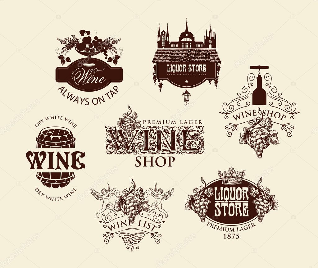 Set of logos, emblems, labels, badges, stickers for a wine shop or liquor store. Vector wine tags with ornate drawings and inscriptions on an old beige background in vintage style