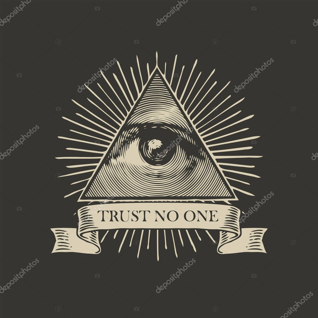 Vector Icon of the Masonic symbol All-seeing eye of God. The eye of Providence in a triangle pyramid and the inscription Trust no one on a black background. Banner with eye of God sign in retro style