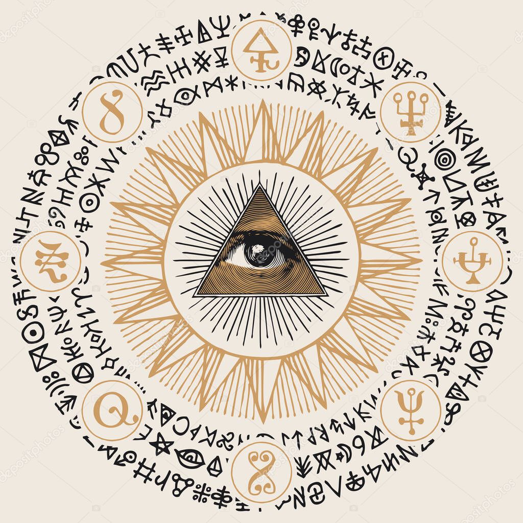 Vector banner with an all-seeing eye inside the sun, esoteric signs, magic runes, alchemical and masonic symbols written in a circle. Decorative hand-drawn illustration in retro style