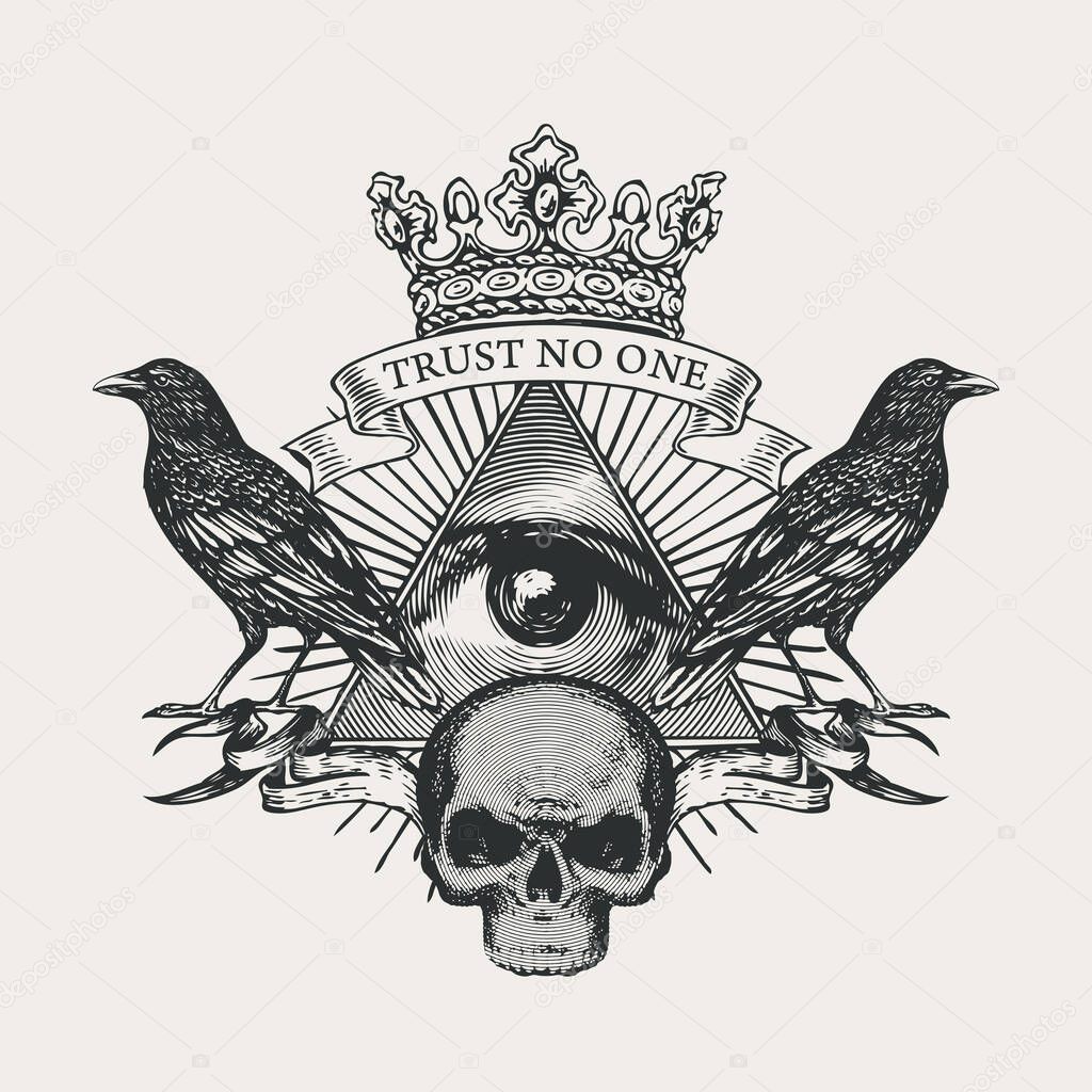 Vector coat of arms with Masonic symbol All-seeing eye of God, crown, black ravens and sinister human skull. Black-white banner in retro style with eye of Providence and inscription Trust no one
