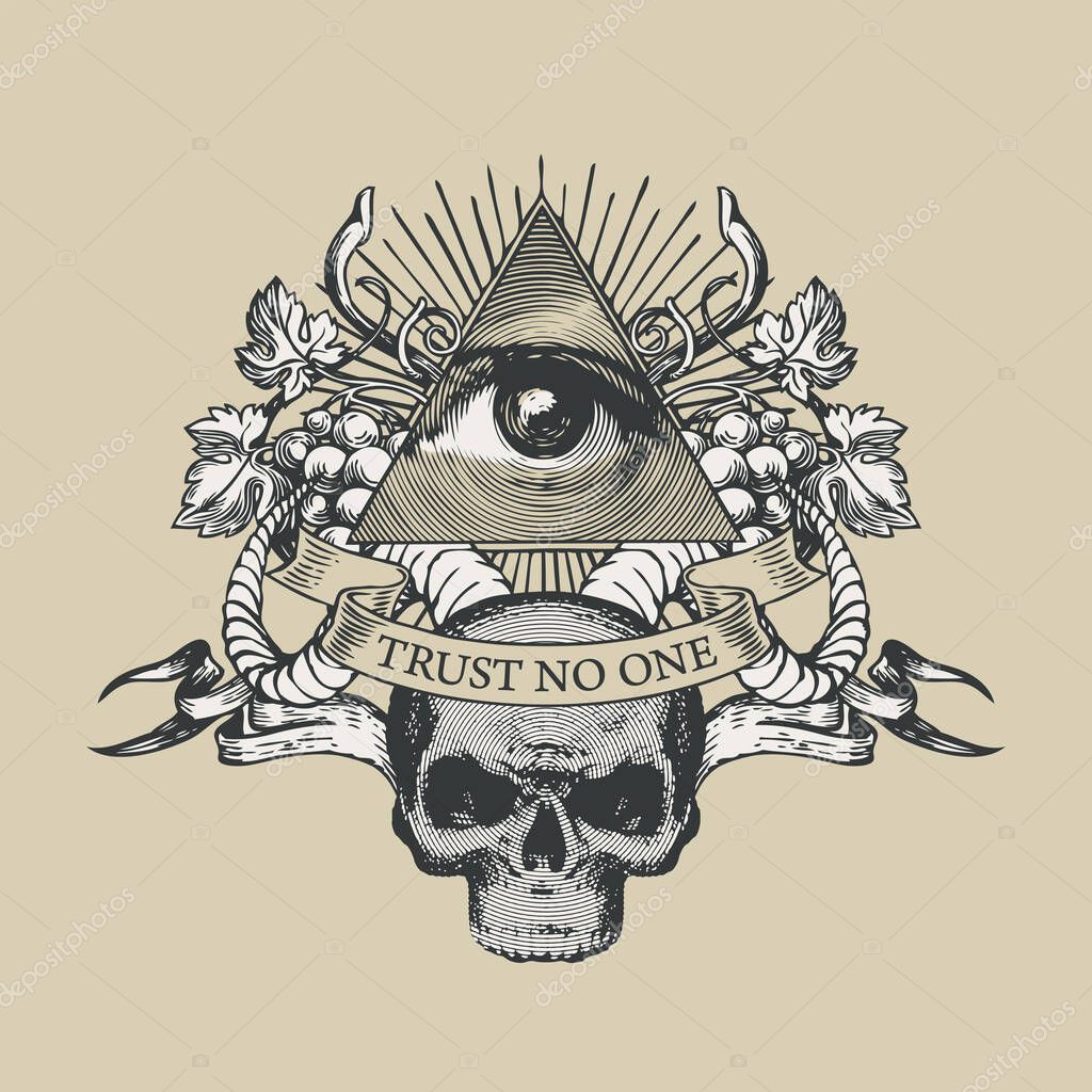 Vector coat of arms with Masonic symbol of All-seeing eye of God, grapes, rams horns and a human skull on a beige background. Retro-style banner with eye of Providence and inscription Trust no one