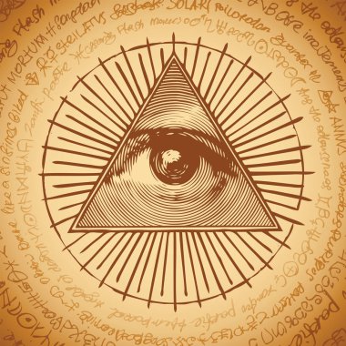 Vector banner with the Masonic symbol of the All-seeing eye of God inside triangle pyramid. Ancient mystical sacral illuminati sign on a beige background with illegible scribbles written in a circle clipart