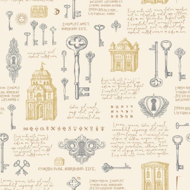 Eski binalar, eski anahtarlar ve anahtar delikleriyle elle çizilmiş, pürüzsüz bir desen. Eskizlerle vektör arkaplan ve pastel renklerle el yazısıyla yazılmış metin lorem ipsum. Duvar kağıdı, ambalaj kağıdı, kumaş