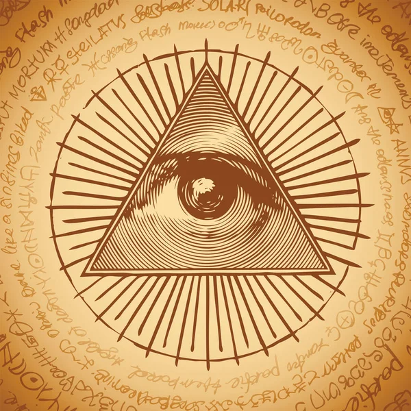 三角形のピラミッドの中にある神の全視の眼のマゾニックシンボルを持つベクトルバナー 円で書かれた判読不能なスクリブルとベージュの背景に古代神秘的な仙骨イルミナティ記号 — ストックベクタ