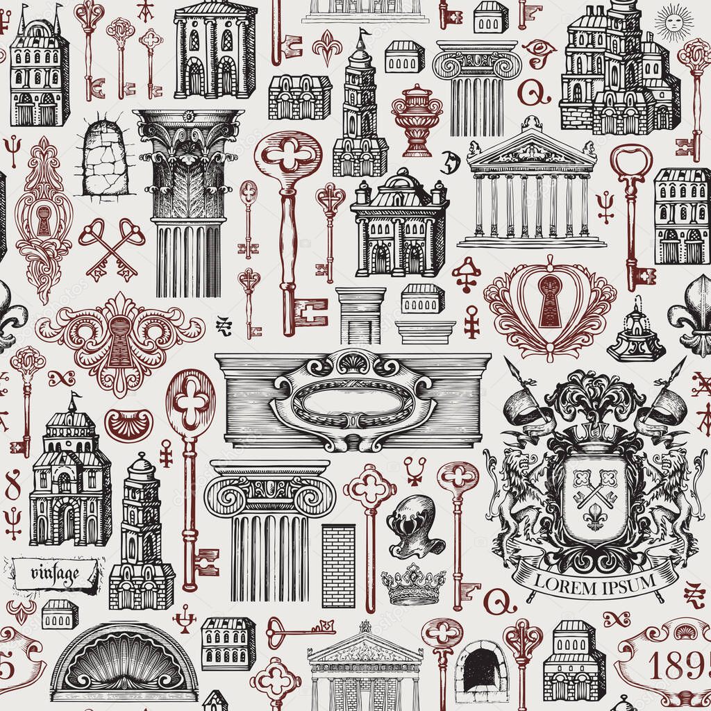 Hand-drawn seamless pattern on a theme of ancient architecture and art. Repeating vector background with vintage buildings, architectural elements, coat of arms and old keys. Wallpaper, wrapping paper