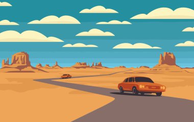 Bir yolu olan dekoratif bir manzara ve çölde geçen arabalarla dağlar ve mavi gökyüzünde bulutlar. Çorak Amerikan manzarasından geçen çoklu çizgi şeklinde bir yolun vektör illüstrasyonu