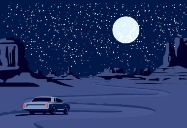 Issız bir vadisi, dağları olan bir gece manzarası geçen bir arabası ve yıldızlı bir gökyüzünde dolunayı olan dolambaçlı bir yol. Vahşi Batı doğası temasının dekoratif vektör arka planı