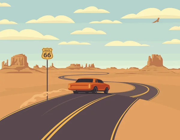 Ilustración Vectorial Una Carretera Coche Rojo Retroceso Desierto Las Montañas — Archivo Imágenes Vectoriales