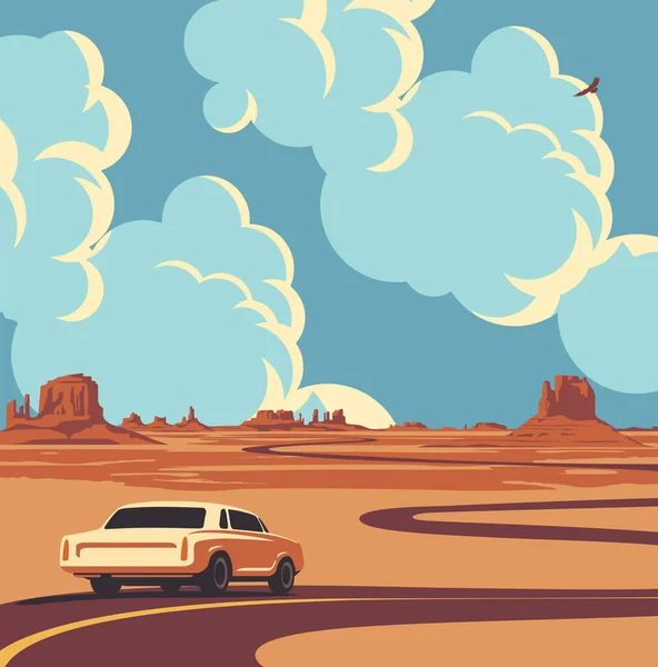 Ilustración Vectorial Una Carretera Coche Retroceso Desierto Con Montañas Nubes — Vector de stock