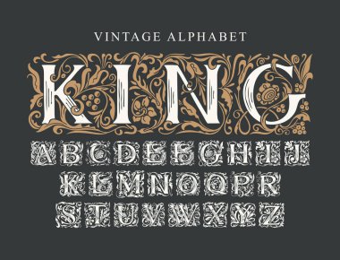 Kral kelimesi. Monogram, kart, davetiye, logo, etiket, tabela için süslü kraliyet yazı karakterinin lüks tasarımı. Klasik Alfabe. Siyah arkaplana elle çizilmiş ilk alfabe harflerinin vektör kümesi