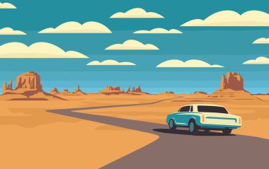Vector landscape with a highway and a passing white car in the desert with mountains and clouds in the blue sky. Colored cartoon illustration with a barren American scenery and an endless road clipart