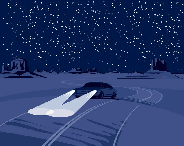 Night landscape with a deserted valley, a starry sky, mountains, a winding road and a single passing car with its headlights on. Vector background illustration on the theme of the Wild West nature
