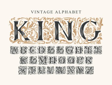 Kral kelimesi. Klasik alfabe, hafif arkaplanda elle çizilmiş ilk alfabe harflerinin vektör kümesi. Monogram, kart, davetiye, etiket, logo, tabela için süslü kraliyet yazı karakterinin lüks tasarımı