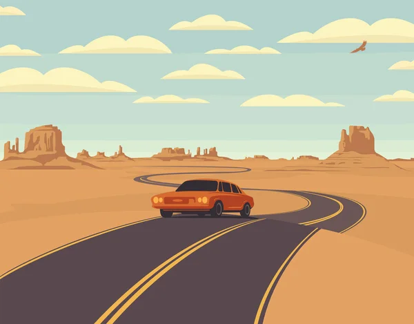 Paisaje Vectorial Con Una Carretera Solo Coche Que Pasa Desierto — Archivo Imágenes Vectoriales