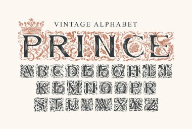 PRINCE kelimesi. Kart, davetiye, monogram, etiket ve logo için süslü yazı tipi tasarımı. Klasik kraliyet alfabesi, hafif arkaplan üzerine elle çizilmiş ilk alfabe harflerinin vektör kümesi
