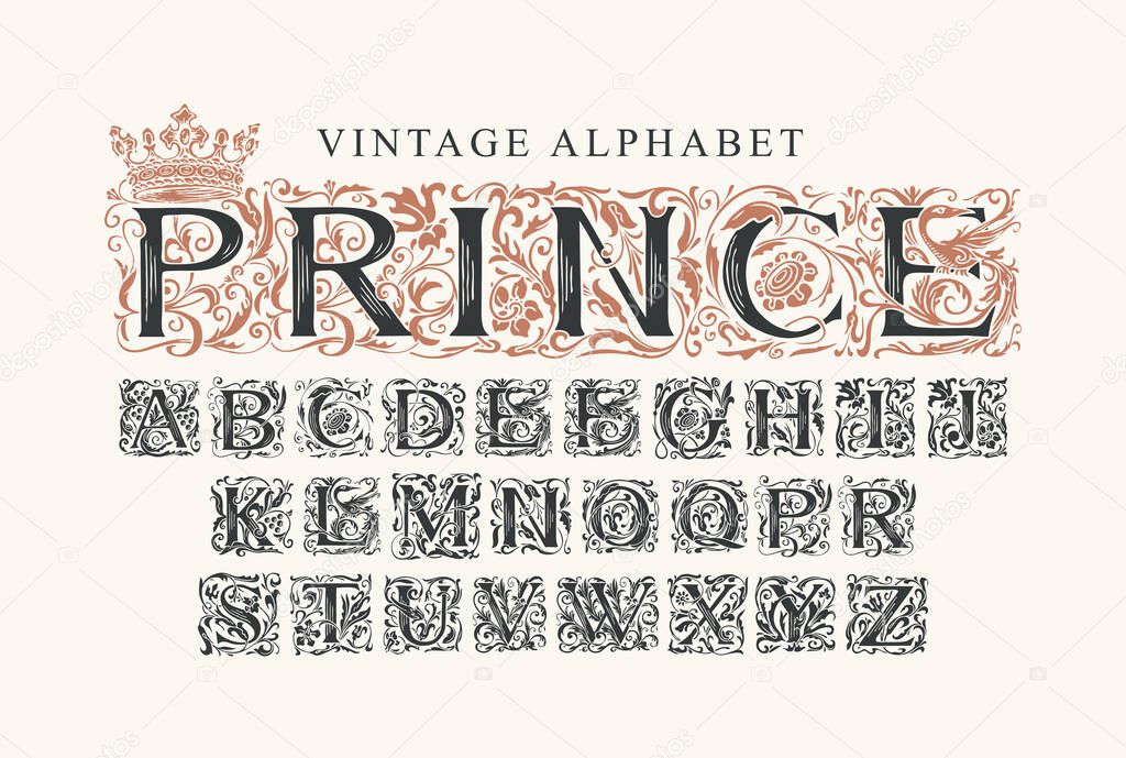 The word PRINCE. Luxury design of Beautiful ornate font for card, invitation, monogram, label, logo. Vintage royal Alphabet, vector set of hand-drawn initial alphabet letters on a light background