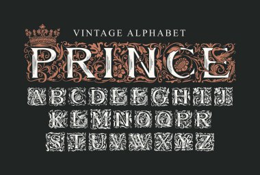 PRINCE kelimesi taçla süslenmiş. Kart, davetiye, monogram, etiket ve logo için süslü yazı tipi tasarımı. Klasik Alfabe, siyah arkaplan üzerine elle çizilmiş ilk harflerin vektör kümesi