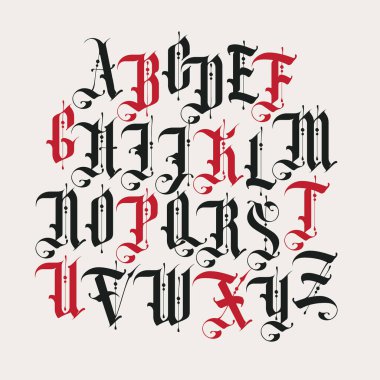 İngiliz alfabesinin tüm büyük harfleri klasik tarzda. Gotik yazı tipi. Ortaçağ Latince harfleri. Vektör kaligrafi ve harfler. Dövme, etiket, manşet, poster, monogram için uygun