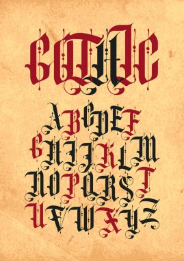 Vektör gotik yazı tipi. İngiliz alfabesinin büyük harfleri eski bir kağıt arka planda klasik tarzda. Ortaçağ Latince harfleri. Monogram, logo, etiket, poster, harf, dövme için uygun