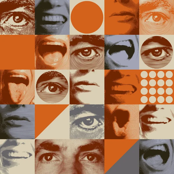 Бесшовный Рисунок Человеческими Глазами Ртами Выражающий Различные Эмоции Серьезные Улыбающиеся — стоковый вектор